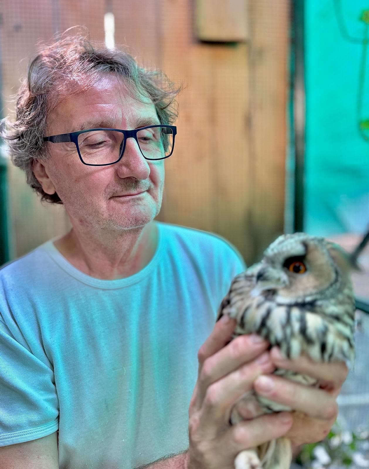 Gianfranco Villa con un gufo comune fra le mani